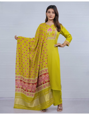 Mehandi Green Pure Gaji Rayon Kurti Plazo Dupatta Set (3XL, 4XL)