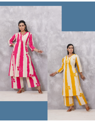 Premium Flex A-Line Kurti Plazo Set with Mirror Work (Pink &amp; Yellow, M-2XL)