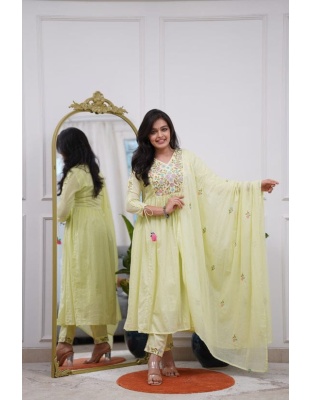 Pure Cotton Anarkali Kurti Pant Dupatta Set with Embroidery